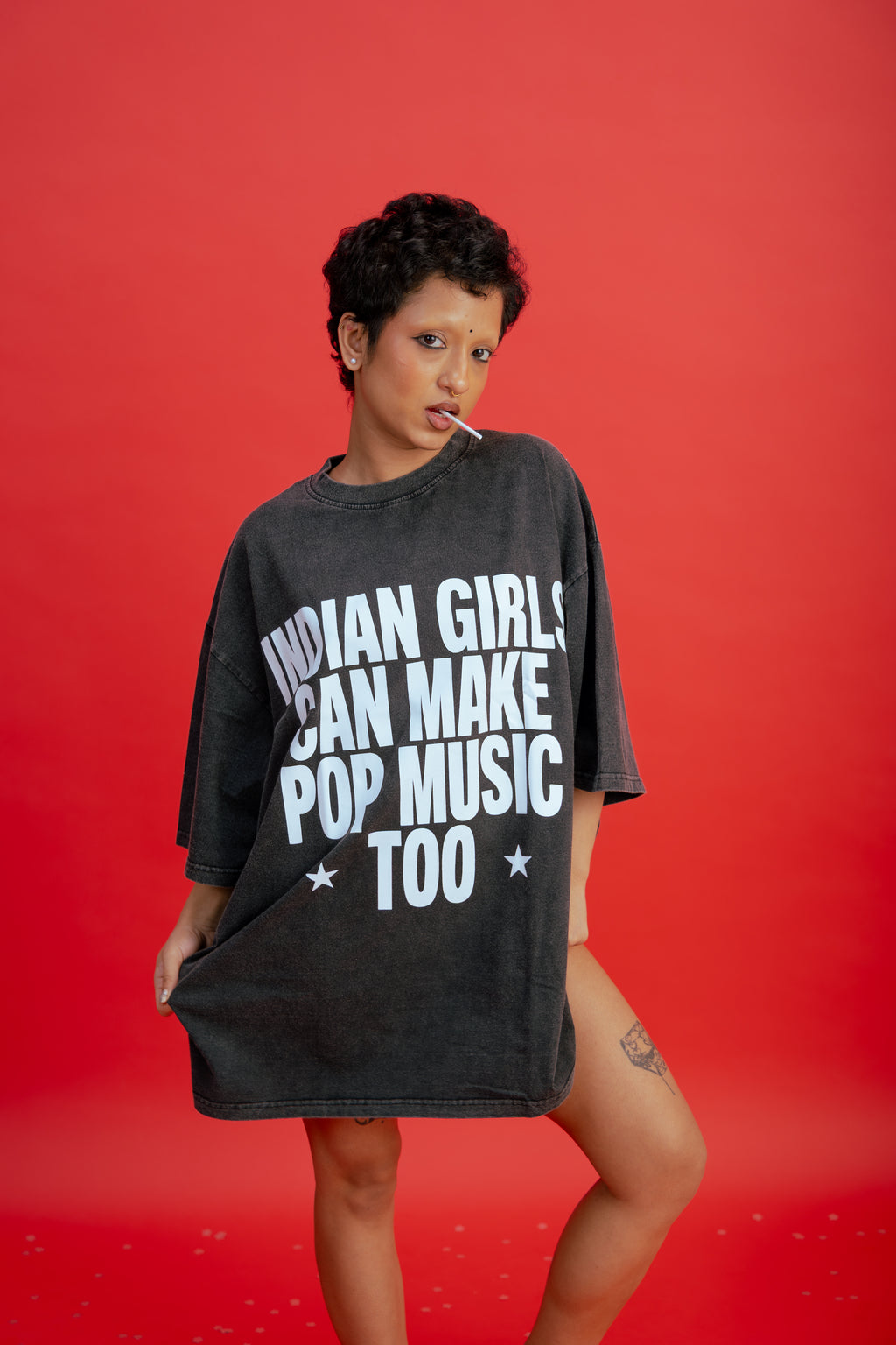 Indian Girls Can Make Pop Music Too – Acid Wash Oversized Tee